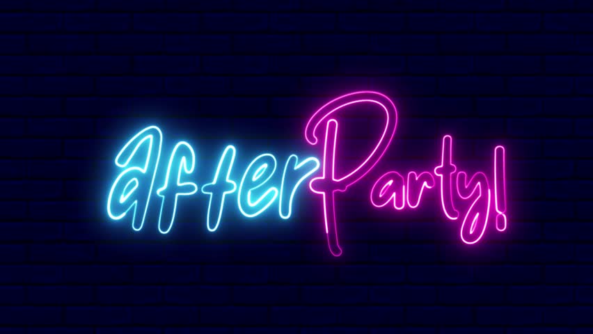 After Party neon sign. After Party text font with neon light. Luminous and shimmering haze inside the letters of the text After Party. 