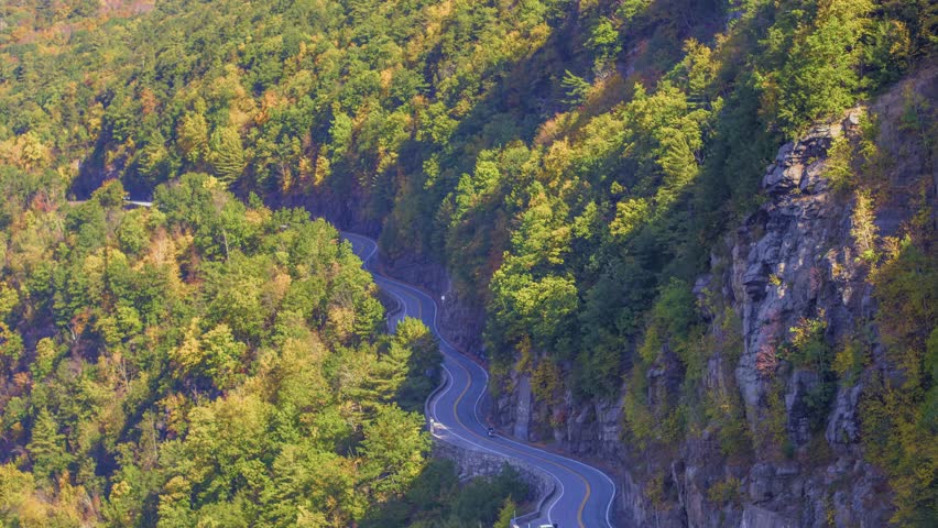 This aerial view highlights the winding New York State Route 97, known as Hawk