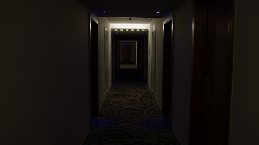 Darkening hotel corridor lights casting long, creeping shadows, spreading eerie stillness through deserted, silent passageway with mounting suspenseful tension