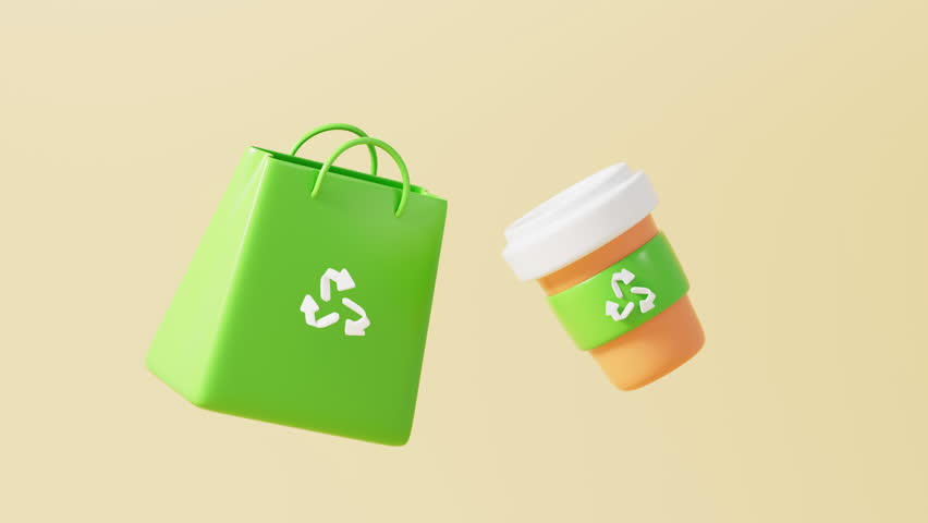 Bags, cartons and drink cups with recyclable logos, environmental protection concept, 3d rendering. Motion Graphic.