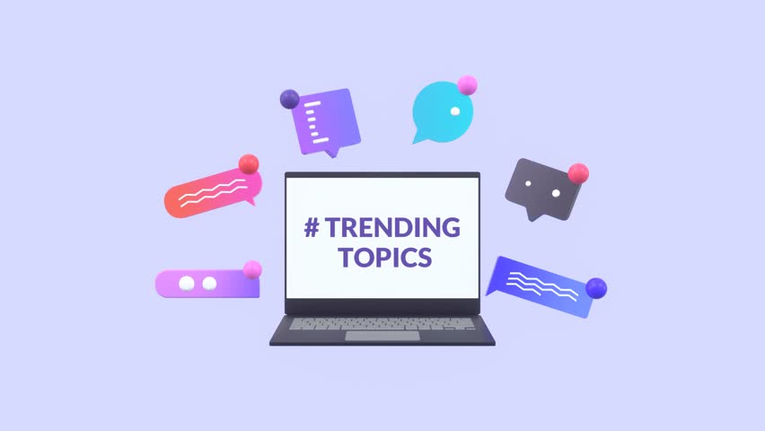Animated Laptop With Various Speech Bubbles. Conversations, Exchange Of Opinions, Trends, Communication, Trending Topics Concepts Animation. Suitable For Digital Marketing Campaigns, Social Media.
