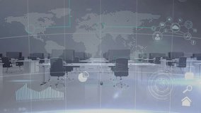 In office, animation of digital world map with data analytics overlay displayed. Globalization, technology, innovation, big data, cyberspace, business - Powered by Shutterstock - Get 15% off with code: PIKWIZARD15