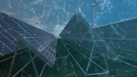 Digital network and connectivity icons overlaying solar panels in animation scene. Technology, renewable, sustainability, energy, innovation, connection - Powered by Shutterstock - Get 15% off with code: PIKWIZARD15