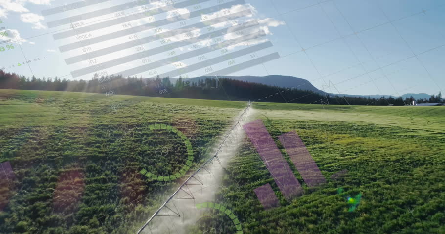 Agricultural field with irrigation system and data charts overlay animation. Agriculture, farming, technology, innovation, analytics, data-driven