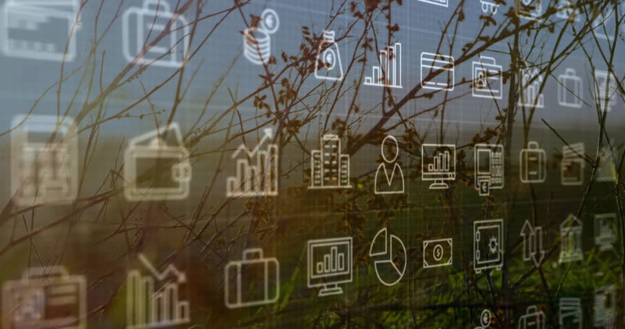 Animation of financial icons overlaying landscape with wind turbines in background. Renewable, energy, finance, sustainability, investment, technology
