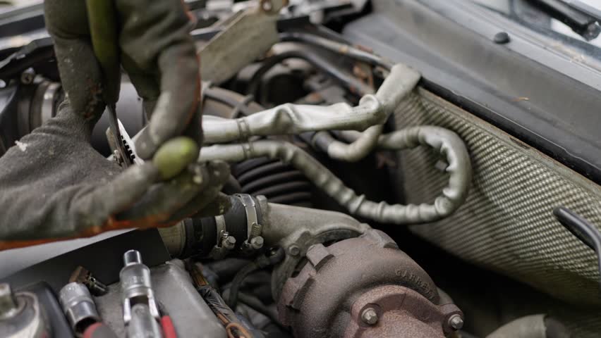 A skilled mechanic working under a car hood, expertly using tools and equipment