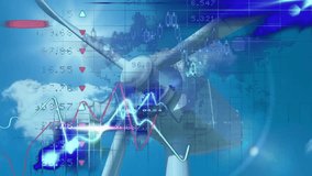 Data processing animation with wind turbine and financial graphs on blue background. Sustainability, renewable, energy, technology, analytics, eco-friendly - Powered by Shutterstock - Get 15% off with code: PIKWIZARD15
