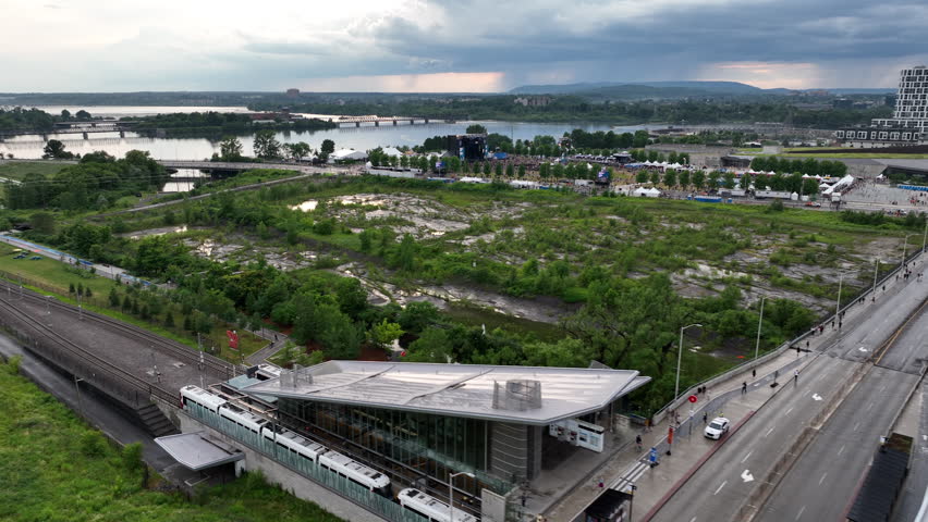 Light rail train in Ottawa station aerial