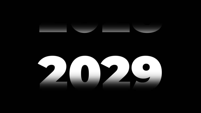 Scrolling Timeline 2029 Text Animation on Black Background. Festive design for New Years Eve celebration. Perfect for holiday graphics.