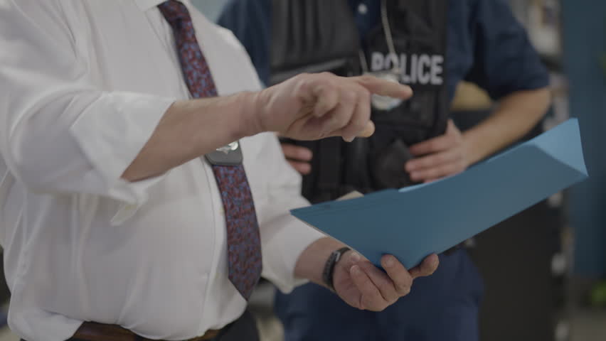 police officers going over case files close up folder