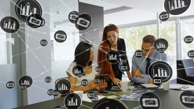 Discussing data, business team with digital network animation in office meeting. collaboration, networking, technology, innovation, professionals, communication - Powered by Shutterstock - Get 15% off with code: PIKWIZARD15