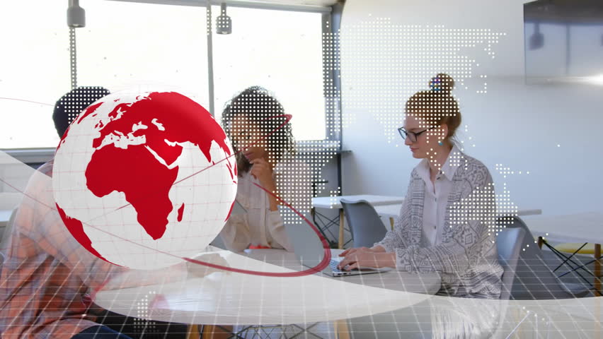 At table, business professionals working with digital world map animation overlay. technology, innovation, teamwork, global, communication, meeting - Powered by Shutterstock - Get 15% off with code: PIKWIZARD15