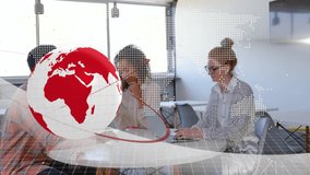 At table, business professionals working with digital world map animation overlay. technology, innovation, teamwork, global, communication, meeting - Powered by Shutterstock - Get 15% off with code: PIKWIZARD15