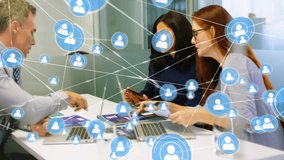 Collaborating in office, business team with animation of digital network icons. Teamwork, networking, technology, innovation, cooperation, communication - Powered by Shutterstock - Get 15% off with code: PIKWIZARD15