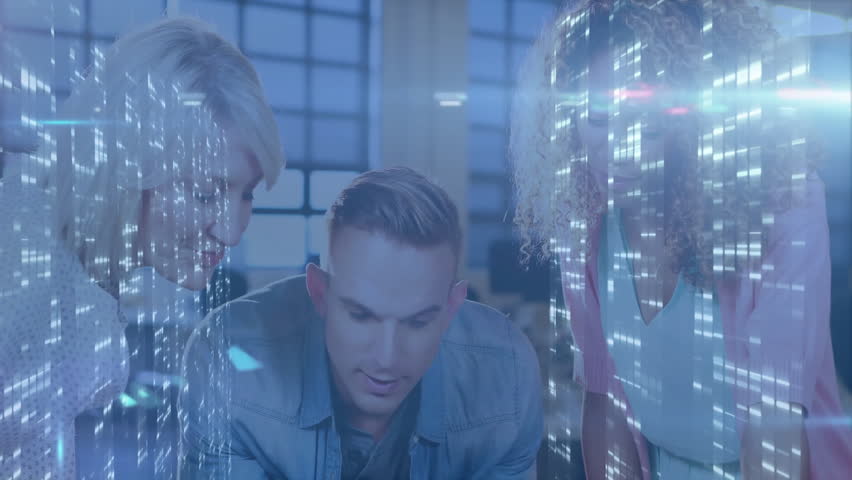 Diverse group at office table with digital data processing animation overlay. Technology, teamwork, collaboration, innovation, startup, brainstorming - Powered by Shutterstock - Get 15% off with code: PIKWIZARD15