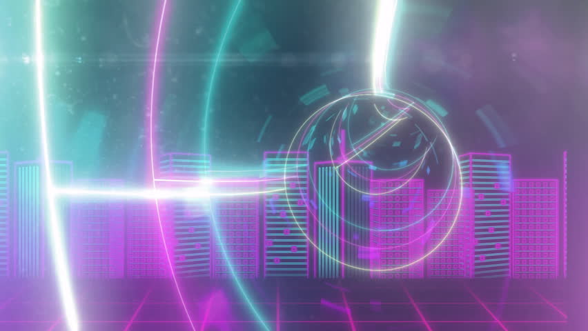 Neon cityscape with colorful geometric shapes and swirling light animation. Futuristic, urban, vibrant, architecture, digital art, abstract - Powered by Shutterstock - Get 15% off with code: PIKWIZARD15