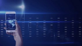 Hand holding smartphone displaying global financial data and world map animation. Finance, technology, mobile, investment, network, connectivity - Powered by Shutterstock - Get 15% off with code: PIKWIZARD15