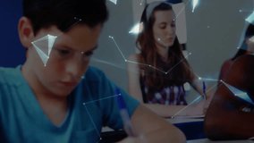 Students in classroom with digital globe and network connections overlay animation. Education, technology, innovation, connectivity, learning, futuristic - Powered by Shutterstock - Get 15% off with code: PIKWIZARD15