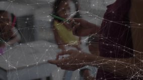 Collaborating in office, people surrounded by network of connections and data animation. Teamwork, collaboration, connectivity, business, digital, networking - Powered by Shutterstock - Get 15% off with code: PIKWIZARD15