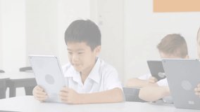 Students using tablets in classroom with digital network animation overlay. Education, technology, e-learning, innovation, connectivity, collaboration - Powered by Shutterstock - Get 15% off with code: PIKWIZARD15