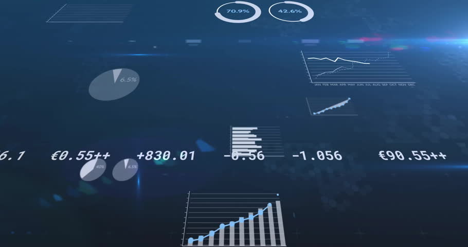 Digital data and statistics animation over bar graphs and binary code. Analytics, technology, data visualization, infographics, coding, financial