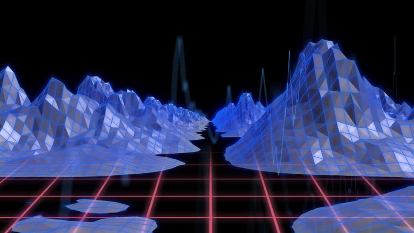 In animation, blue wireframe mountains and neon grid creating futuristic landscape. digital, cyberpunk, sci-fi, technology, virtual, 3D - Powered by Shutterstock - Get 15% off with code: PIKWIZARD15