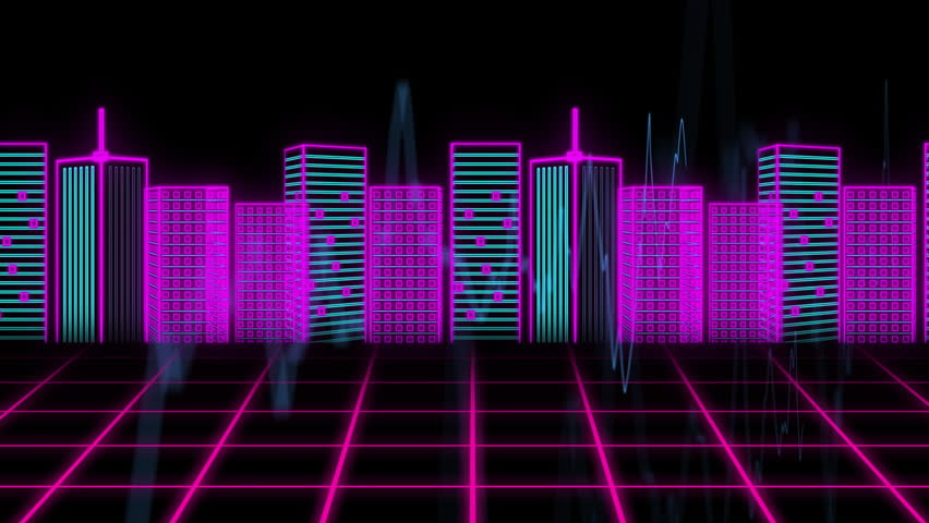 Animation of retro futuristic neon city skyline with grid pattern in landscape. cyberpunk, cityscape, digital, sci-fi, urban, glowing - Powered by Shutterstock - Get 15% off with code: PIKWIZARD15