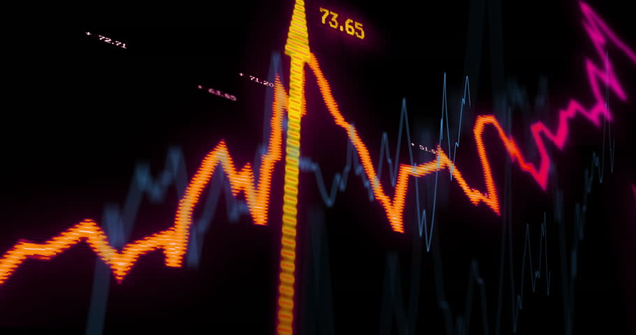Financial graph with vibrant lines and numerical data fluctuating on black background. Finance, analytics, economy, stock market, trends, investment