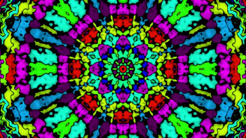 A glowing colorful stained glass kaleidoscope displays vibrant, luminous patterns arranged in symmetrical designs