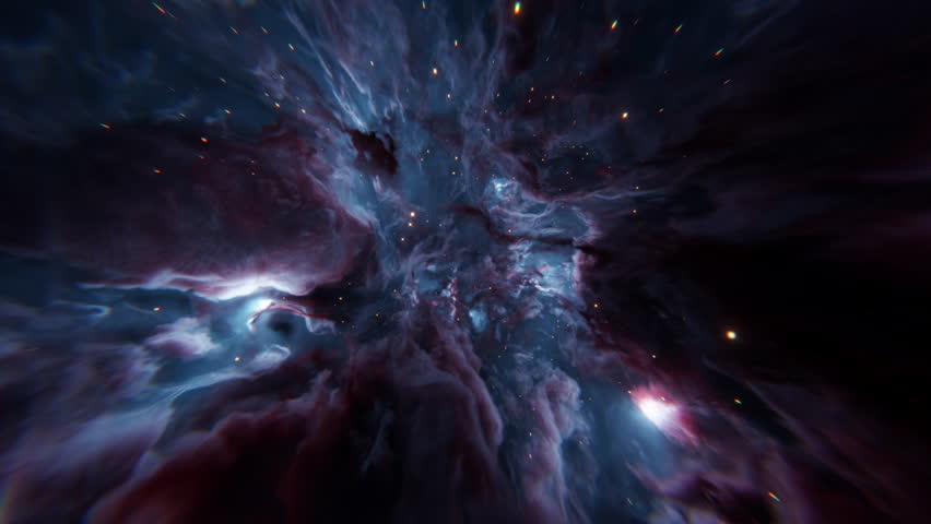 Seamless loop animation of flying through deep blue nebula, revealing layers of glowing cosmic clouds and distant stars. Ideal for space visuals, sci-fi films, and motion backgrounds