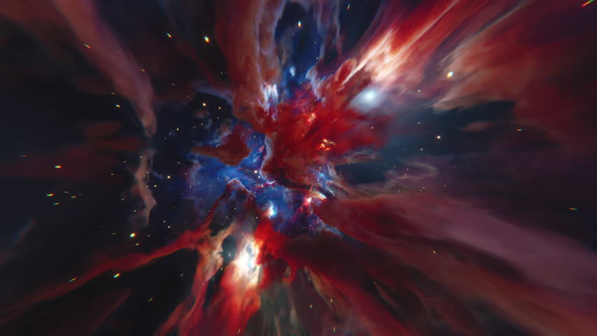 Seamless loop animation of flying through glowing red and blue nebula with smooth motion and sense of acceleration. Sci-fi visuals, space exploration, futuristic motion background