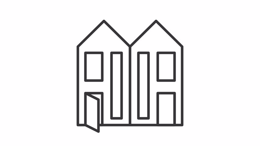 Duplex line animation. Double house animated icon. Building details showing up. Opening doors. Urban architecture, property. Outline element on white background. HD video with alpha channel