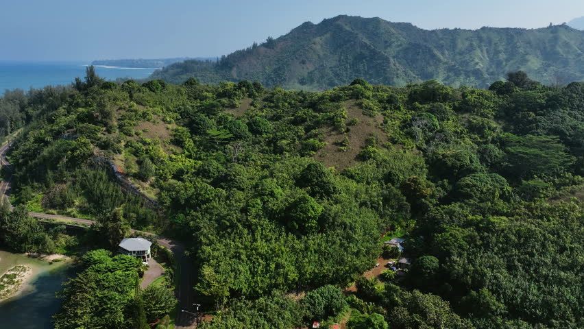 Aerial view rising over a hill, revealing farmlands at the sea in Kauai, Hawaii