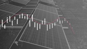 Solar panels with financial graph animation overlaying energy production data. Renewable, sustainability, analytics, electricity, green energy, technology - Powered by Shutterstock - Get 15% off with code: PIKWIZARD15