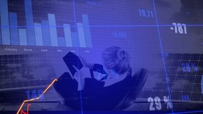 Businesswoman analyzing financial graphs and charts with data processing animation. Finance, analytics, data visualization, investment, strategy, economy - Powered by Shutterstock - Get 15% off with code: PIKWIZARD15