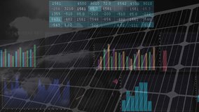 Solar panels with financial graphs and data processing animation overlay. Renewable, energy, sustainability, analytics, technology, investment - Powered by Shutterstock - Get 15% off with code: PIKWIZARD15