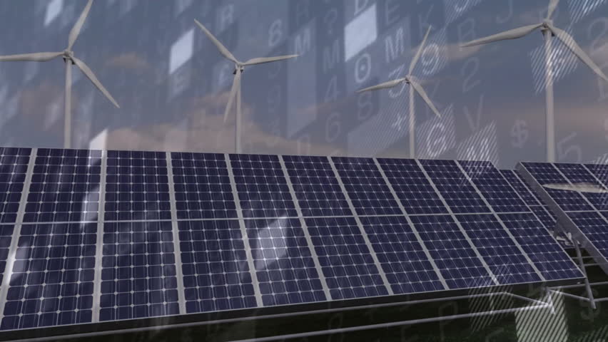 Solar panels and wind turbines with data processing animation overlay. Renewable, energy, sustainability, technology, innovation, environment - Powered by Shutterstock - Get 15% off with code: PIKWIZARD15