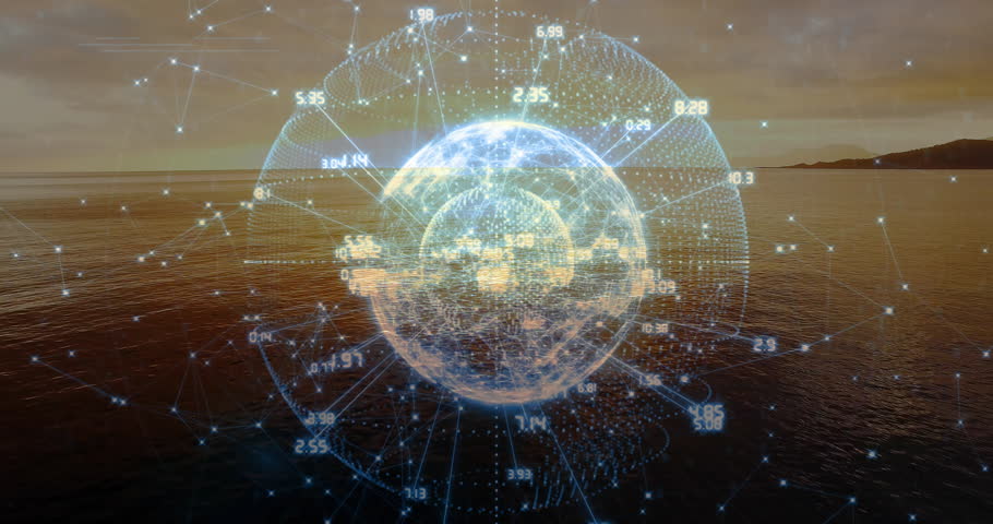 Digital globe and data processing animation over ocean landscape at sunset. Technology, innovation, cybersecurity, connectivity, artificial intelligence, environment