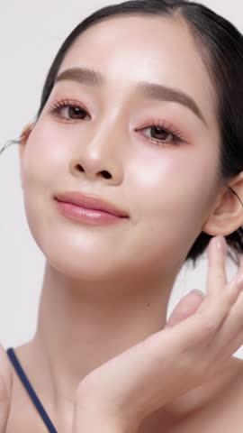 Vertical footage beautiful young Asian woman with healthy facial skin isolated over white background for skincare commercial product advertising. Slow motion shot.