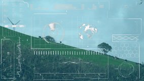 Digital interface overlay with data and analysis graphics on wind turbine. Renewable, energy, technology, analytics, sustainability, innovation - Powered by Shutterstock - Get 15% off with code: PIKWIZARD15