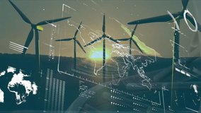 Animation of wind turbines generating energy with digital world map overlay. Sustainability, renewable, technology, global, clean energy, innovation - Powered by Shutterstock - Get 15% off with code: PIKWIZARD15