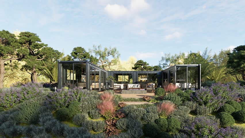 3D illustration of a modern house made from refurbished container modules. Container home with a sundeck, fireplace, and decor furniture surrounded by lush vegetation. Wide-angle zoom-in shot.
