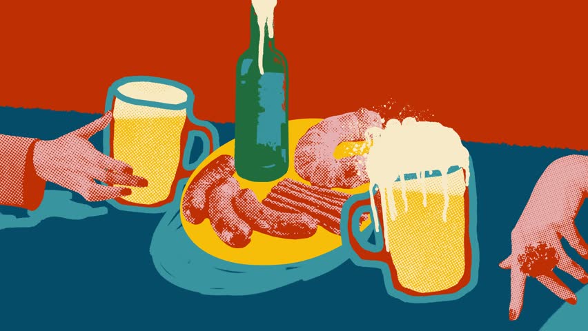 Pop art design. Stop motion, animation. Hands reach towards green beer bottle, plate of sausages and bacon, with two overflowing beer mugs. Concept of beer, party, celebration, festival. Banner