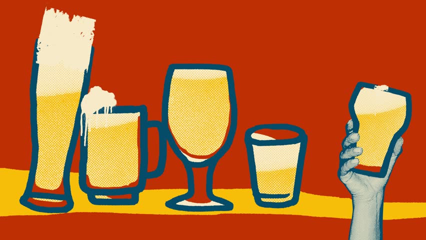 Creative halftone illustration. Stop motion, animation. Cheers. Row of five beer glasses clinking against red background. Retro aesthetic. Banner, ads. Concept of beer, party, celebration, festival
