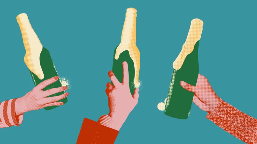 Stop motion, animation. Three hands clinking green beer bottles with frothy white foam spilling over against a teal background. Halftone design. Concept of beer, party, celebration, festival, retro