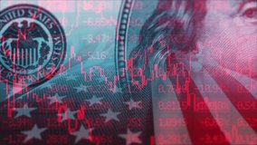 American bear stock market trading graph in red color. United States 100 dollars bill on background. Economic falling. Effect of recession and crisis on US economy. Stocks crash. Exchange loss trading - Powered by Shutterstock - Get 15% off with code: PIKWIZARD15