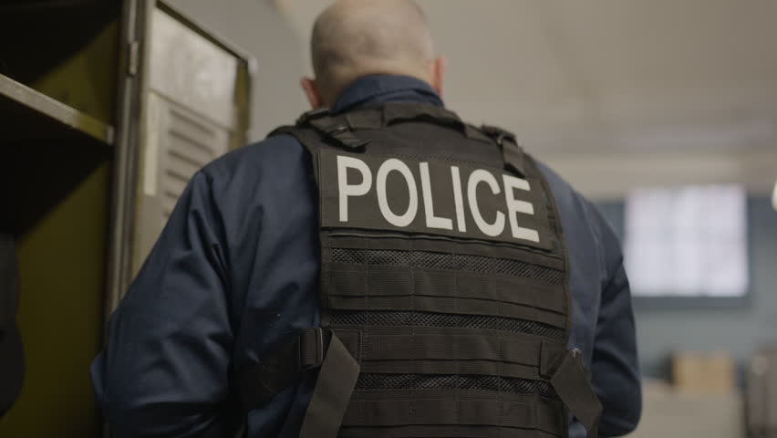 Police officer taking off tactical gear in locker room
