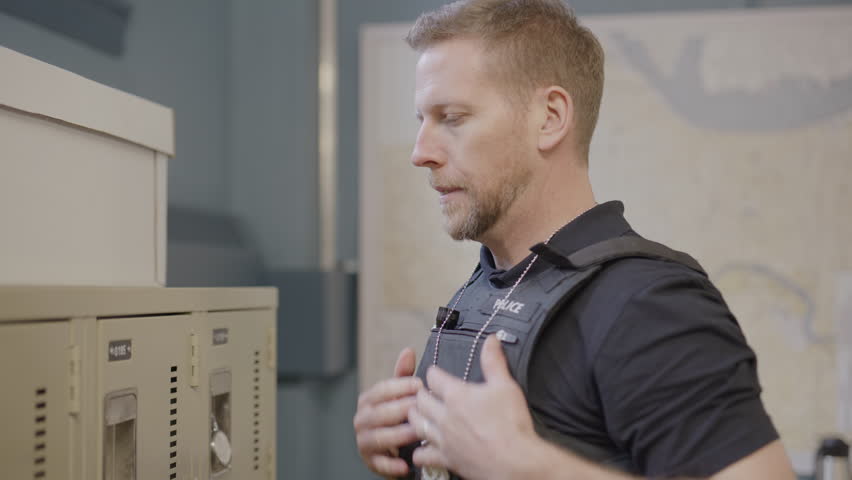 Officer getting ready for work in police station