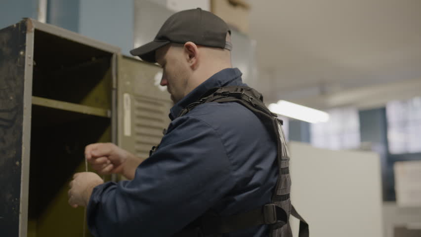 Police detective in tactical gear putting on badge