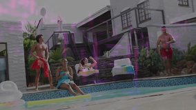 Poolside, people engaging in activities with vibrant digital animation overlay. Leisure, technology, summertime, recreation, vacation, diversity - Powered by Shutterstock - Get 15% off with code: PIKWIZARD15